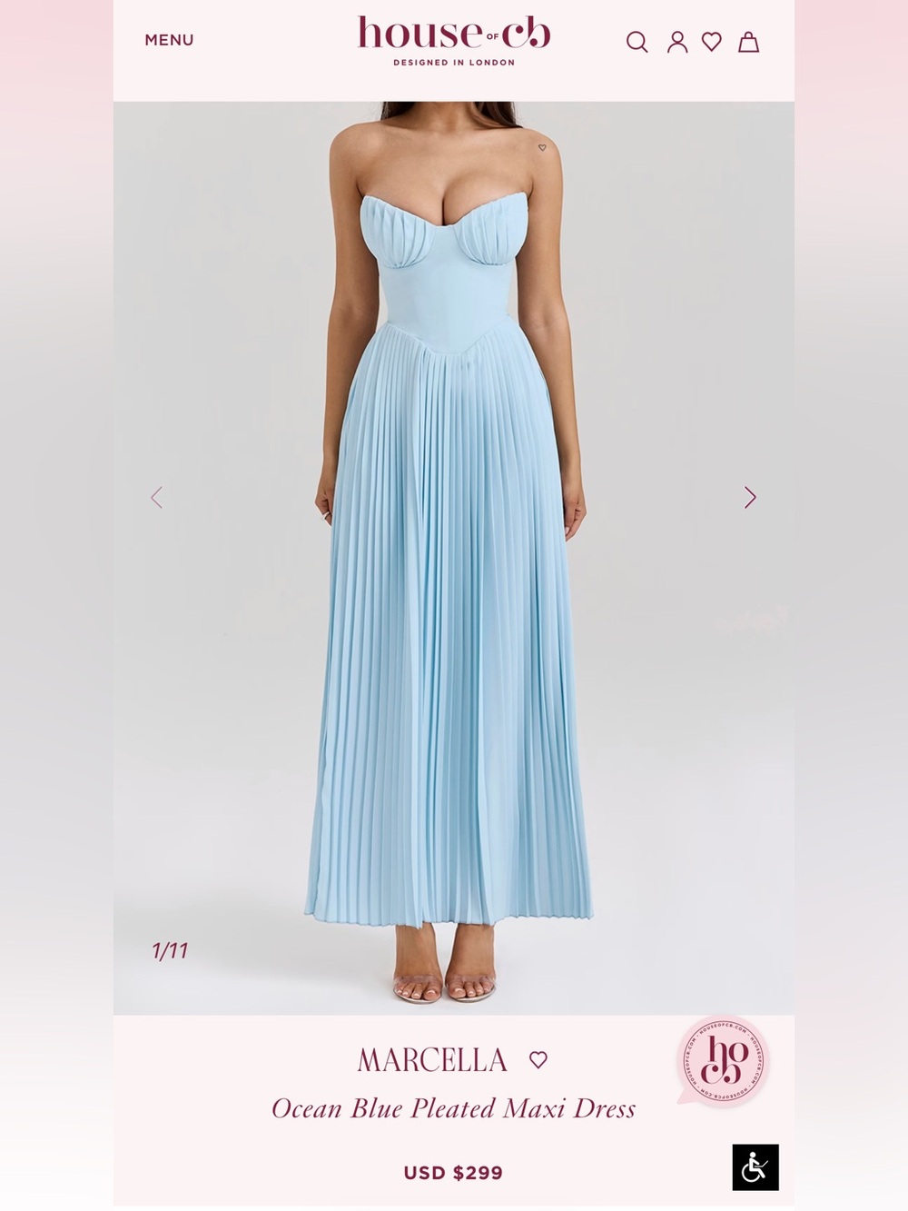House of CB “Marcella” Ocean Blue Strapless Pleated Maxi Dress